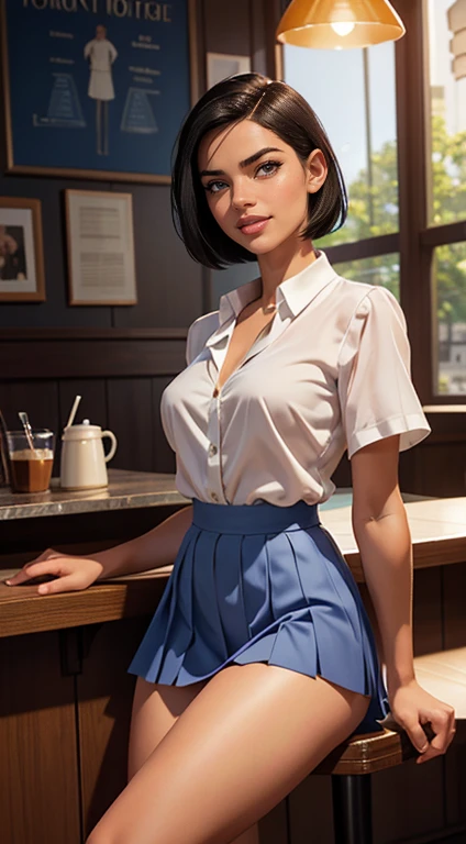 Foto hiperrealista en primer plano de Adriana Lima, masterpiece, best quality, (photorealistic:1.4), full body, (white blouse:1.2), (blue pleated skirt below the knees:1.1), heels, coffee shop, cinematic light, beautiful woman, photo oh whole person, skinny, medium breasts, black short hair (bob short hair:1.2), detailed face, smile, facing the camera, photo taken from a distance, age of