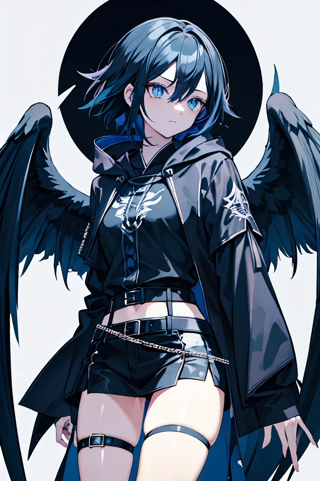 Gothic Harpie Fleeting Black Hair Blue Eyes The inside of the hair is blue Bird legs Belt on torso Black hood M-shaped legs Japanese anime hand drawn illustration