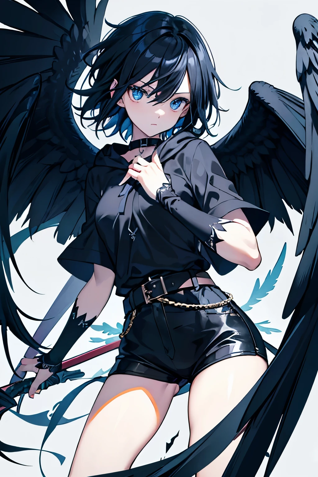 Gothic Harpie Fleeting Black Hair Blue Eyes The inside of the hair is blue Bird legs Belt on torso Black hood M-shaped legs Japanese anime hand drawn illustration