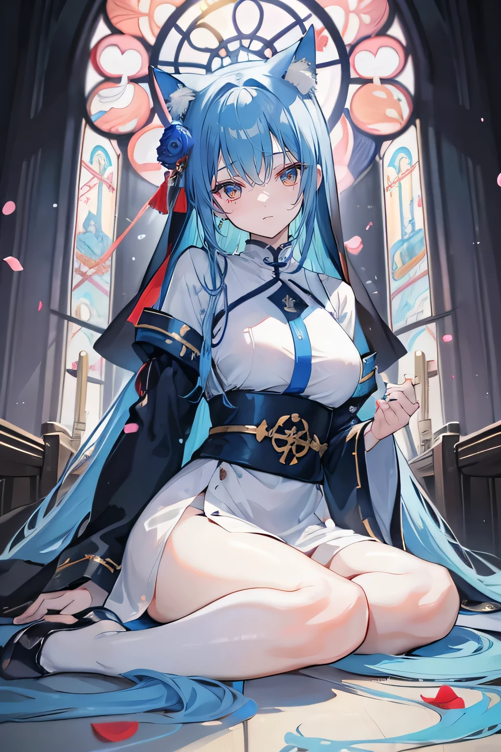 (masterpiece:1.2),Extremely detailed,Practical,expressive eyes,Fair skin,Perfect face shaping,1 Girl,
Japanese cartoons,Gorgeous blue hair, the long flowing blue hair,Floating clothes,Cat ears,Petals fall,beautiful lola,Young Angel,
Place your hands on your waist,sit elegantly on the ground,Cross your legs,Gentle and peaceful background,church,Nun's Clothes,back view,lie on the water,Large Breasts, H Cup, Good breasts, Place your hands on your waist,beautiful, Gorgeous,Japanese cartoons,girl,Lola,Hina Angel, Blue Hair, Blue Haired,Tent breasts, tent box, tent chest, Floating clothes,Grab your waist, Grab your waist, Hands on Hips , hands on hips,sit, sit on ground, Legs on the ground.