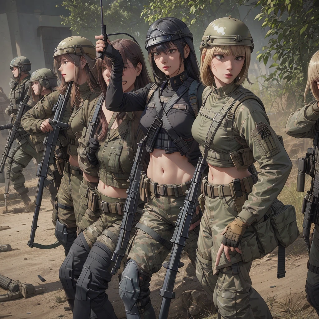 A group of Womens in crop top military bulletproof vest , military green cargo pants, belt, military helmet, tactical, (open navel), ((((aiming an m16))))