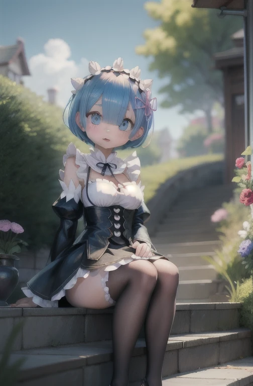 Rem /(Re:zero)/ ,anime girl sitting on steps , short light blue hair , blue eyes, girl fanart, in an anime style, in anime style, artwork in the style of guweiz, anime moe artstyle, modern anime style, anime style illustration, anime style only, anime artstyle, anime style, anime style character, anime style. 8k, anime style art, anime style 4 k