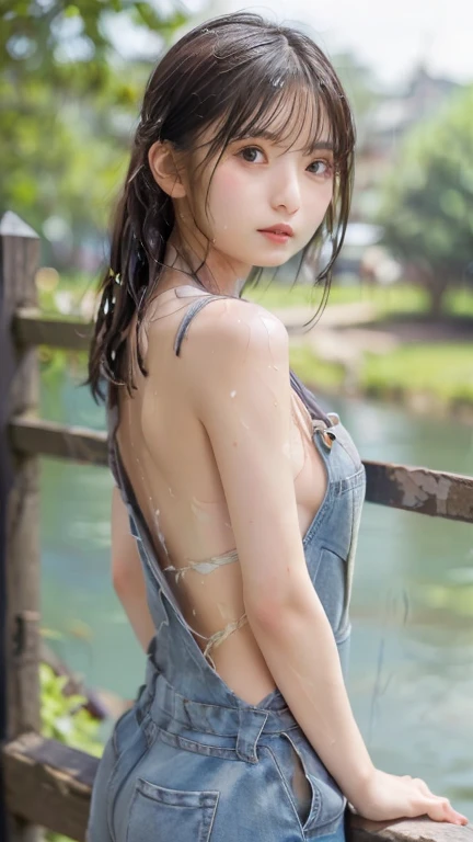 8K,Caucasian girl、Background Blur、super high quality、sunlight、Fair-skinned beautiful girl、、Young Breasts、Small breasts、Fleeting Expression、Clear contours、Adult atmosphere、high resolution skin、Fair and beautiful thighs、Young face、Innocent face、Hair tied up with hair accessories、Well-formed face、Wet lips、Naked and in overalls、Leaning against the ranch fence、My whole body is wet、Healthy legs、beautiful naked back、Front high angle shot