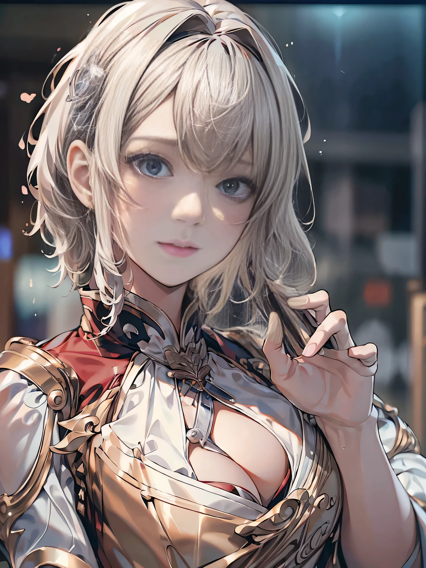 (( (masterpiece),(Very detailed CG Unity 8k wallpaper),(Bust Shot:1.5), highest quality,Cinema Lighting,Photorealistic, Detailed Background,Beautiful and beautiful eyes,Bright Eyes,(Very elegant and beautiful),(Beautifully detailed eye depiction),Very detailed,masterpiece,High resolution)), Richly decorated armor, Beautiful Female Warrior, short hair, Platinum Blonde Hair, Cleavage、Various actions、Various clothes、Red costume