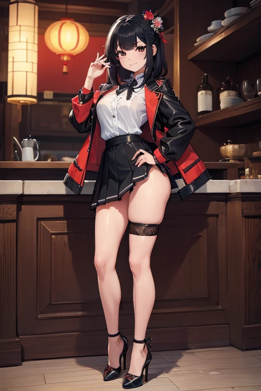 (full body:1.4), Pretty 27 yo Chinese woman, Short, beautiful figure, cute butt. (smile), Jacket, blouse, ruffle skirt, fishnets, high heels.