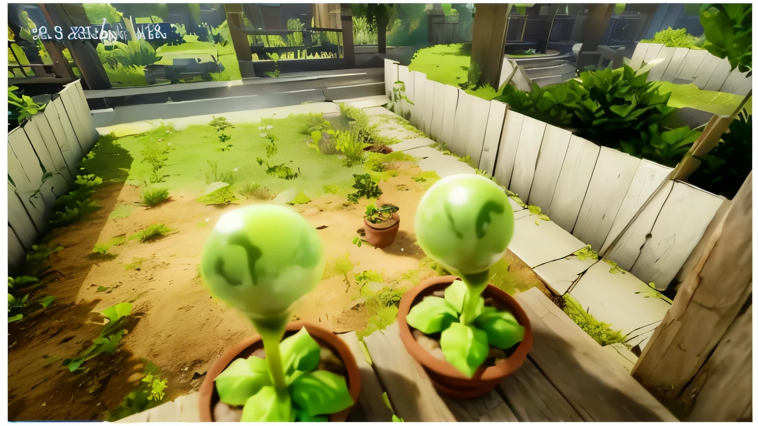 plants in pots on a wooden table in a backyard, video game screenshot>, gameplay footage, playable trailer, 2020 video game screenshot, video game screenshot, gameplay still, screenshot from game, screenshot from the game, ( ( unreal engine ) ), gameplay video, gameplay screenshot with ui, gameplay screenshot, a hyper realistic, slimy unreal engine, videogame still