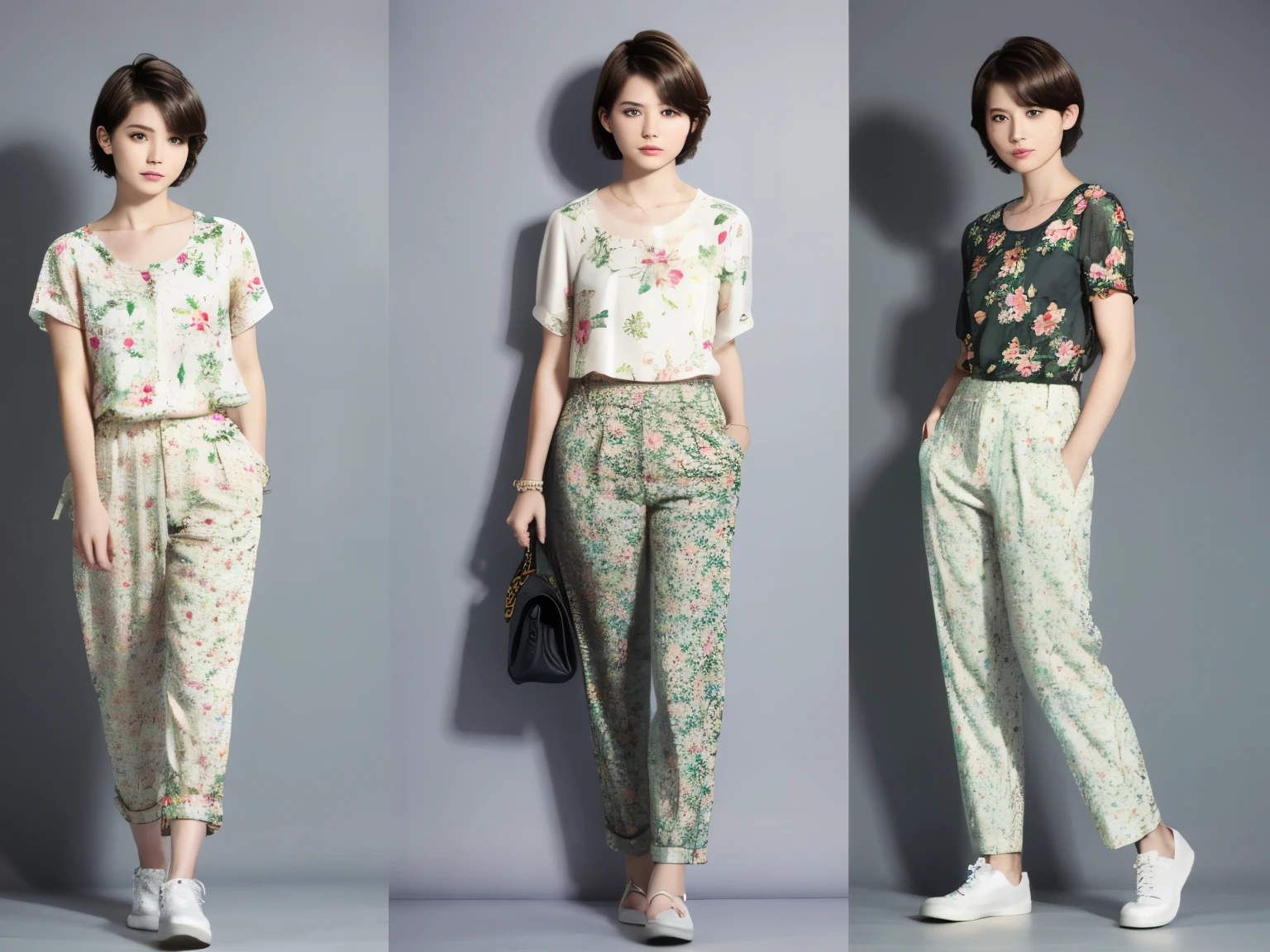 229 (18-year-old female,Floral clothes),  ((short hair:1.46)),  (Pants Style)