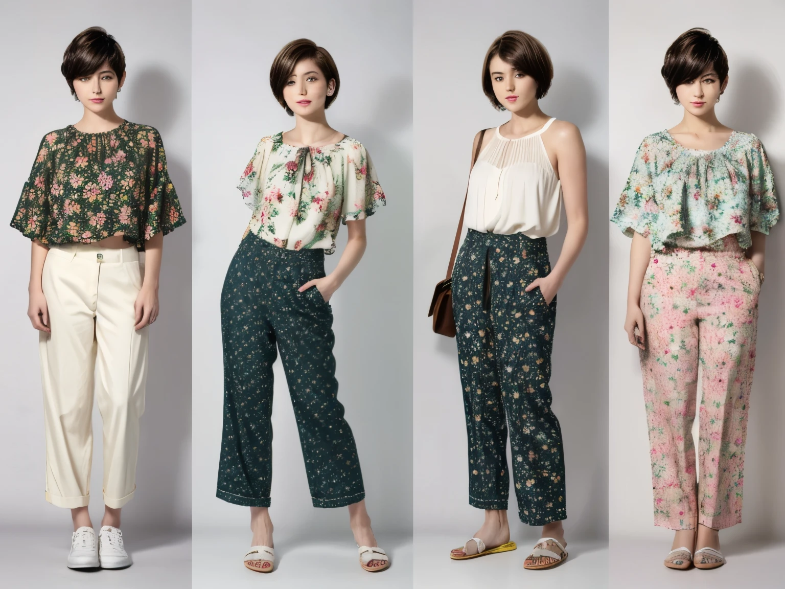 229 (18-year-old female,Floral clothes), ((short hair:1.46)), (Pants Style)