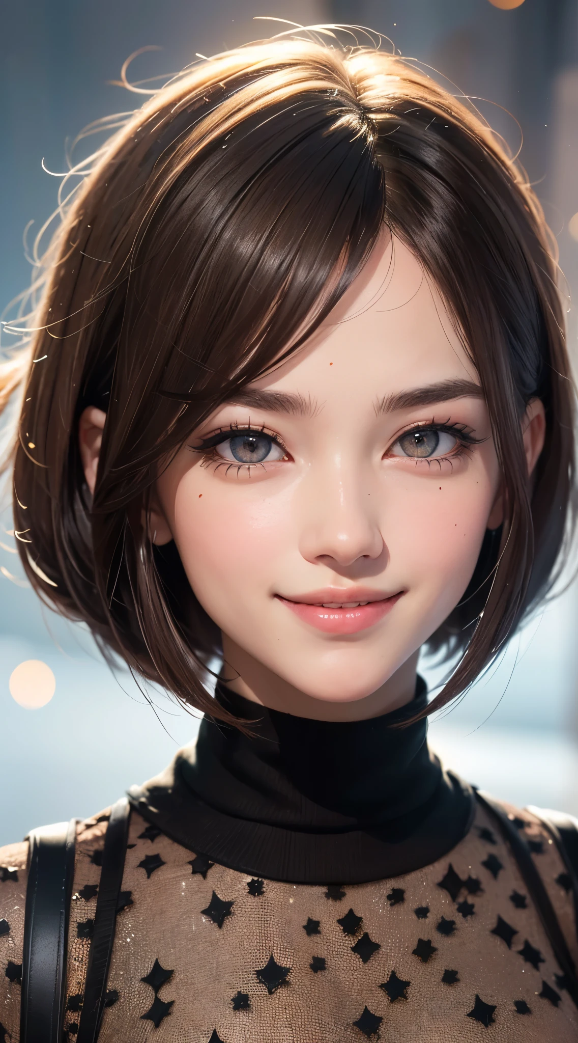 (UHD, retina, masterpiece, ccurate, anatomically correct, textured skin, super detail, high details, high quality, best quality, highres, 1080P, HD, 4K, 8k, 16k), (beautiful detailed eyes, beautiful detailed lips, extremely detailed eyes and face), studio lighting, physically-based rendering, vivid colorig tits, super big tits, super extra big tits, glamorous body), (white turtleneck knit), (portrait, shiny hair, shiny skin), (bokeh), (from flont, from above:1.2), (bob cut, asymmetrical hair, eye reflection:1.5), jet black hair, large eyes with a characteristic long cut, snow-like skin, pink lips, (rosy cheeks, a charming smile that captivates the onlookers, european face, dark brown eyes:1.5),