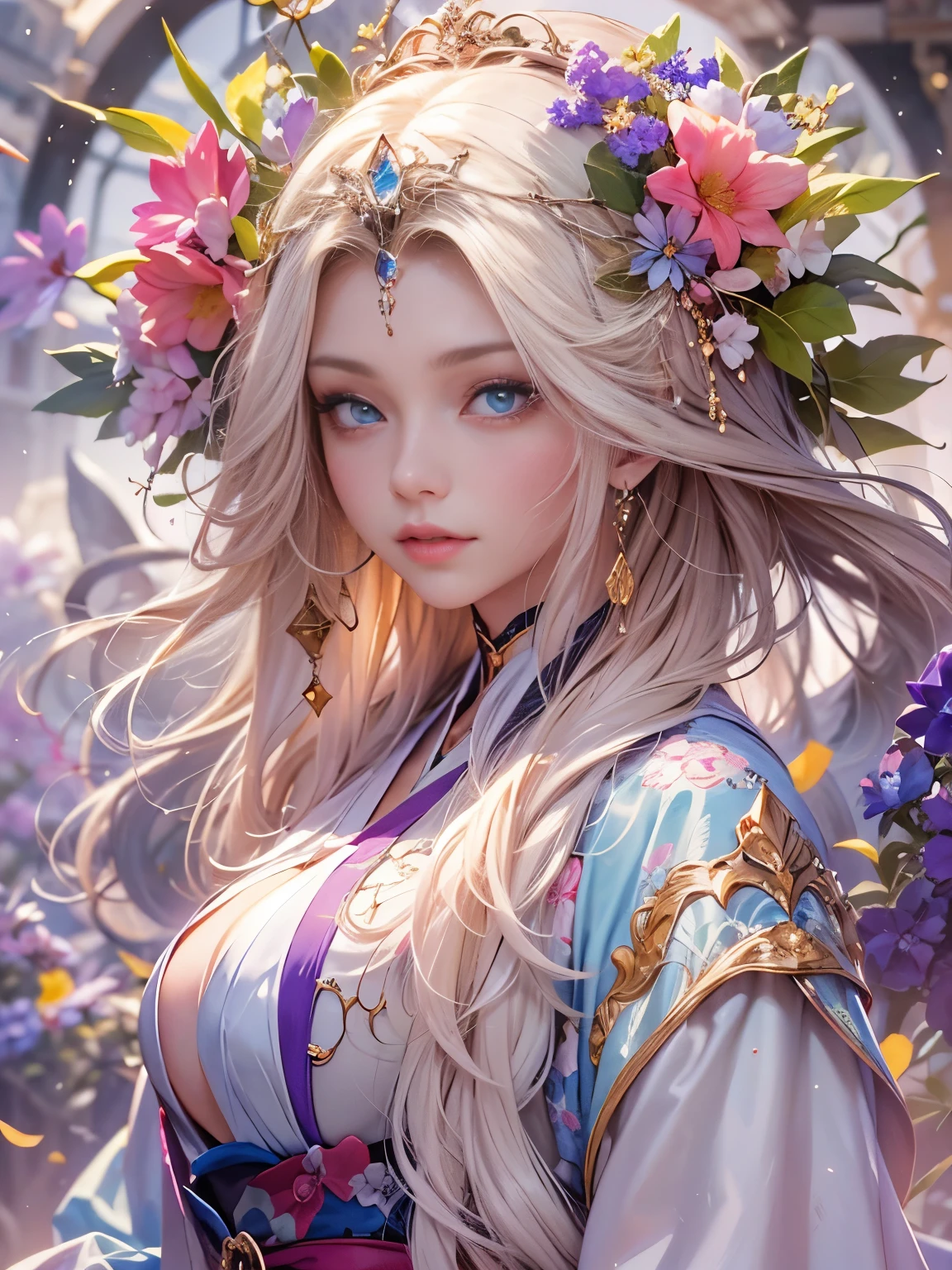 Arabian woman in kimono with flowers on her head, Beautiful digital artwork, Beautiful digital illustrations, Beautiful digital painting, Gorgeous digital painting, Gweiz-style artwork, Photorealistic anime girl rendering, Smooth anime CG art, Beautiful digital art, Amazing digital art with great detail, Amazing digital illustrations, Detailed digital anime art, April Rendering, Beautiful anime portraits, Like a perfect fairy, Yasutomo Oka's painting style, Big Breasts, Add light purple and purple, Add Light Red, Intricate details, Splash screen, 8K resolution, masterpiece, A dignified face, prayer, Big temple, mysterious magic circle background, 曼荼羅文Mr., Colorful background, aura, Sharp Eyes, Break, Blonde, Strong winds, Mr.々Light source, Colorful light, 
