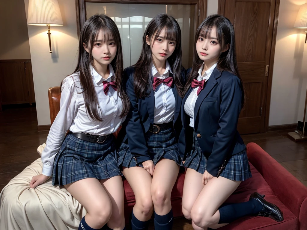 (8K, Raw photography, top-quality, masterpiece:1.2), master piece, best quality, illustration, Super detailed, fine details, High resolution, 8K,wall paper, perfect dynamic composition,(Details High quality, realistic depiction of eyes:1.3), ((2 girls, 2 schoolgirls)), The background is a luxury hotel room、High school girl uniform、blazer 、Super Short Check Uniform Skirt、Navy blue high socks、garterbelts、Colossal tits、Disturbed uniform, Play with each other,Touching each other's bodies,Touching the body of the girl next door, short bob hair, black hair color, huge breasts, Big Natural Color Lip, bold sexy pose, (perfect body shape), crying a little、cold gaze, Beautiful makeup,glitter makeup,Cutest 18 years old, beautiful legs, hposing Gravure Idol, Voluptuous thighs