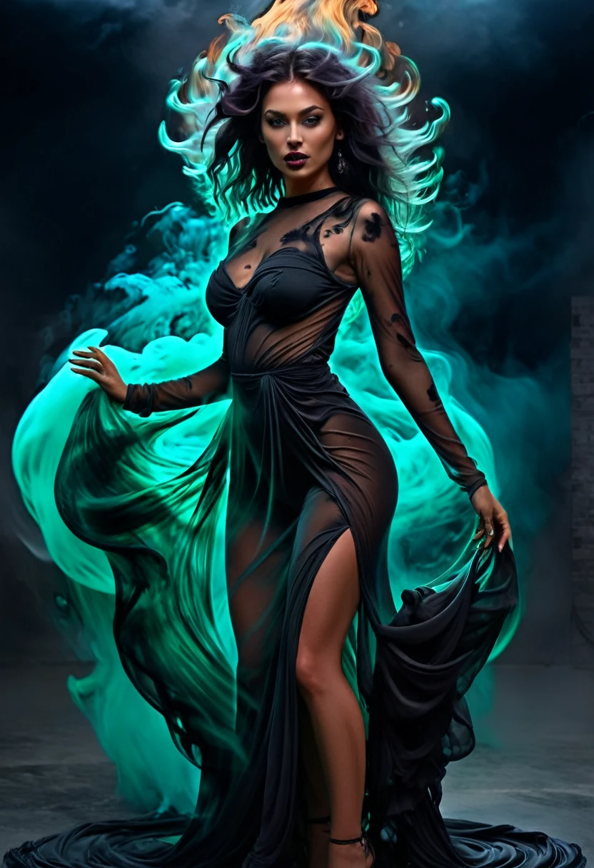 Venus as witch, perfect body, full Torso, body wrapped in black smoke, perfect model, intricate, seductive style, psychedelic color, silk, transparent, liquid, whirl wind, neon light, UHD, hair blow, long waist hair, surrealism, epic realism, uphold hands, fire tornado background, dark night scene, dark moon, standing on the clouds