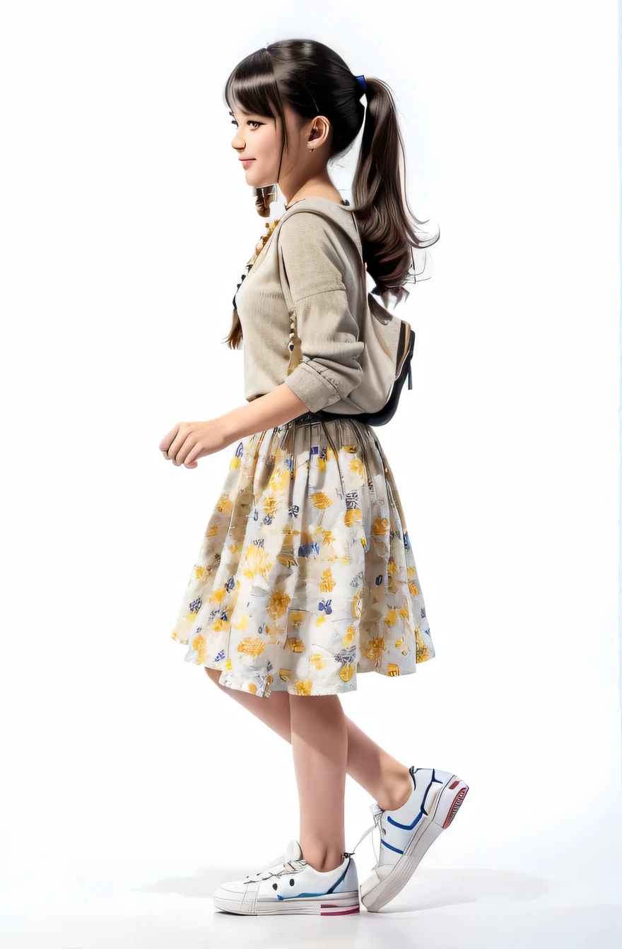 A man wearing jeans and a fedora is walking with a skateboard against a white background, (12Year old girl:1.66) ,(girl)Black Hair,(Double knit chest:1.37),(smile:1.37), (White sneakers),(Light floral skirt:1.37),(Long skirt:1.37)Fager walking, Full body cute young woman, Side view of her taking a step, Standing girl, Cute girl's, Go right, Full body image, Looking into the camera