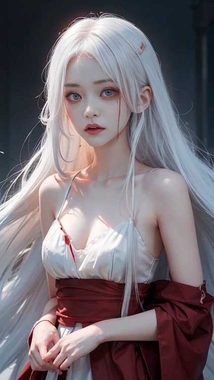 cute_girl,Little Ghost,Fair_skin,,Oval face,Light_blush,Red Eyes,demon_wing,lol,(white hair), long red hair, Red Eyes, (whole body), angry face, (Beautiful and delicate eyes), Blood Drop,Blood Mist, Flowing hair, disheveled hair, Splashing blood,(Blood),