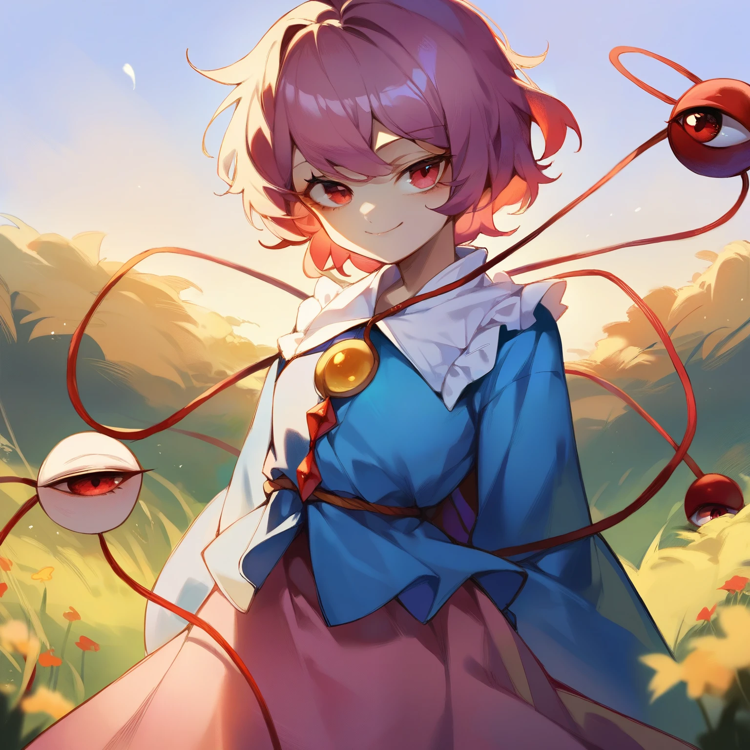 score_9, score_8_up, source_anime, by tsunako, 1girl, komeiji satori, third, eye, eyeball, string, blue shirt, wide sleeves, pink skirt, closed mouth, smile, arms behind back, cowboy shot, outdoors, meadow, touhou