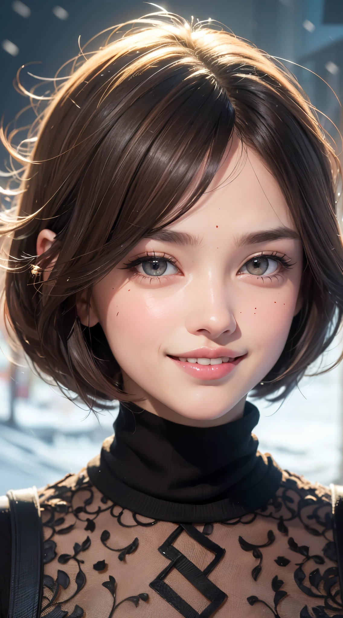 (UHD, retina, masterpiece, ccurate, anatomically correct, textured skin, super detail, high details, high quality, best quality, highres, 1080P, HD, 4K, 8k, 16k), (beautiful detailed eyes, beautiful detailed lips, extremely detailed eyes and face), studio lighting, physically-based rendering, vivid colorig tits, super big tits, super extra big tits, glamorous body), (white turtleneck knit), (portrait, shiny hair, shiny skin), (bokeh), (from flont, from above:1.2), (bob cut, asymmetrical hair, eye reflection:1.5), jet black hair, large eyes with a characteristic long cut, snow-like skin, pink lips, (rosy cheeks, a charming smile that captivates the onlookers, european face, dark brown eyes:1.5),