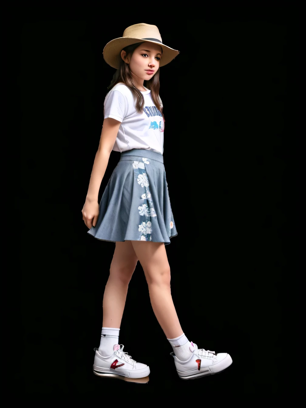 A man wearing jeans and a fedora is walking with a skateboard against a white background, (12Year old girl:1.66) ,(girl)Black Hair,(Double knit chest:1.37),(smile:1.37), (White sneakers),(Light floral skirt:1.37),(Long skirt:1.37)Fager walking, Full body cute young woman, Side view of her taking a step, Standing girl, Cute girl's, Go right, Full body image, Looking into the camera