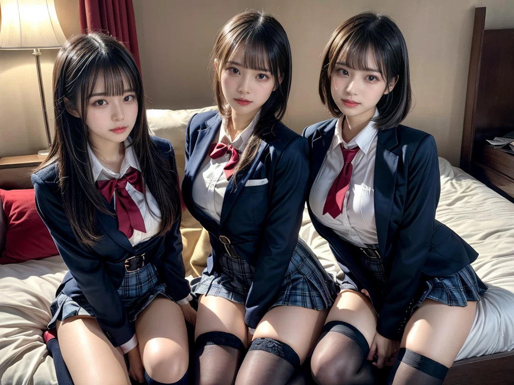 (8K, Raw photography, top-quality, masterpiece:1.2), master piece, best quality, illustration, Super detailed, fine details, High resolution, 8K,wall paper, perfect dynamic composition,(Details High quality, realistic depiction of eyes:1.3), ((2 girls, 2 schoolgirls)), The background is a luxury hotel room、High school girl uniform、blazer 、Super Short Check Uniform Skirt、Navy blue high socks、garterbelts、Colossal tits、Disturbed uniform, Play with each other,Touching each other's bodies,Touching the body of the girl next door, short bob hair, black hair color, huge breasts, Big Natural Color Lip, bold sexy pose, (perfect body shape), crying a little、cold gaze, Beautiful makeup,glitter makeup,Cutest 18 years old, beautiful legs, hposing Gravure Idol, Voluptuous thighs