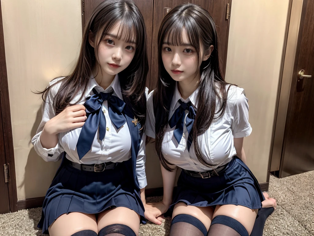(8K, Raw photography, top-quality, masterpiece:1.2), master piece, best quality, illustration, Super detailed, fine details, High resolution, 8K,wall paper, perfect dynamic composition,(Details High quality, realistic depiction of eyes:1.3), ((2 girls, 2 schoolgirls)), The background is a luxury hotel room、High school girl uniform、blazer 、Super Short Check Uniform Skirt、Navy blue high socks、garterbelts、Colossal tits、Disturbed uniform, Play with each other,Touching each other's bodies,Touching the body of the girl next door, short bob hair, black hair color, huge breasts, Big Natural Color Lip, bold sexy pose, (perfect body shape), crying a little、cold gaze, Beautiful makeup,glitter makeup,Cutest 18 years old, beautiful legs, hposing Gravure Idol, Voluptuous thighs