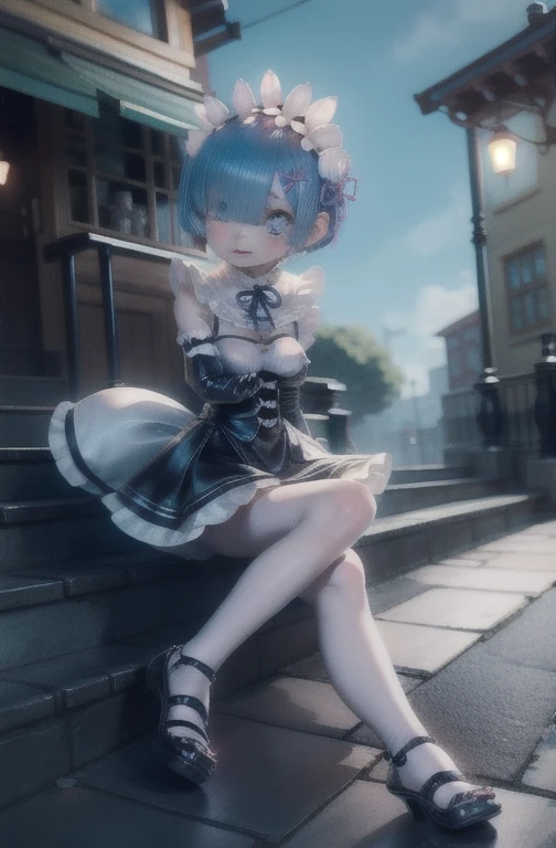 Rem /(Re:zero)/ ,anime girl sitting on steps , short light blue hair , blue eyes, girl fanart, in an anime style, in anime style, artwork in the style of guweiz, anime moe artstyle, modern anime style, anime style illustration, anime style only, anime artstyle, anime style, anime style character, anime style. 8k, anime style art, anime style 4 k