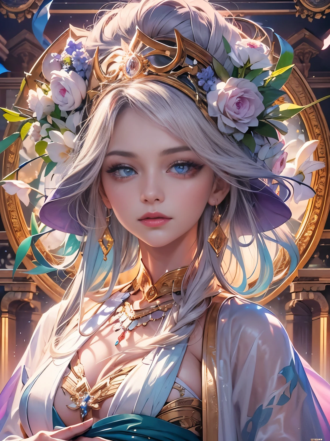Arabian woman in kimono with flowers on her head, Beautiful digital artwork, Beautiful digital illustrations, Beautiful digital painting, Gorgeous digital painting, Gweiz-style artwork, Photorealistic anime girl rendering, Smooth anime CG art, Beautiful digital art, Amazing digital art with great detail, Amazing digital illustrations, Detailed digital anime art, April Rendering, Beautiful anime portraits, Like a perfect fairy, Yasutomo Oka's painting style, Big Breasts, Add light purple and purple, Add Light Red, Intricate details, Splash screen, 8K resolution, masterpiece, A dignified face, prayer, Big temple, mysterious magic circle background, Esoteric Mandala, Colorful background, aura, Sharp Eyes, Break, Blonde, Strong winds, Mr.々Light source, Colorful light, 
