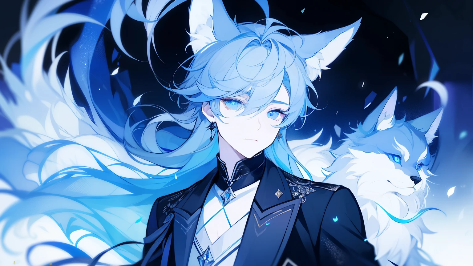 1 young man in his 20s，black hair，blue earring dye，blue eyes，Wolf ears，royal，Gorgeous costumes，White functional style exterior，jewel eye，Delicate and beautiful eyes，night，aurora，RGB color matching
