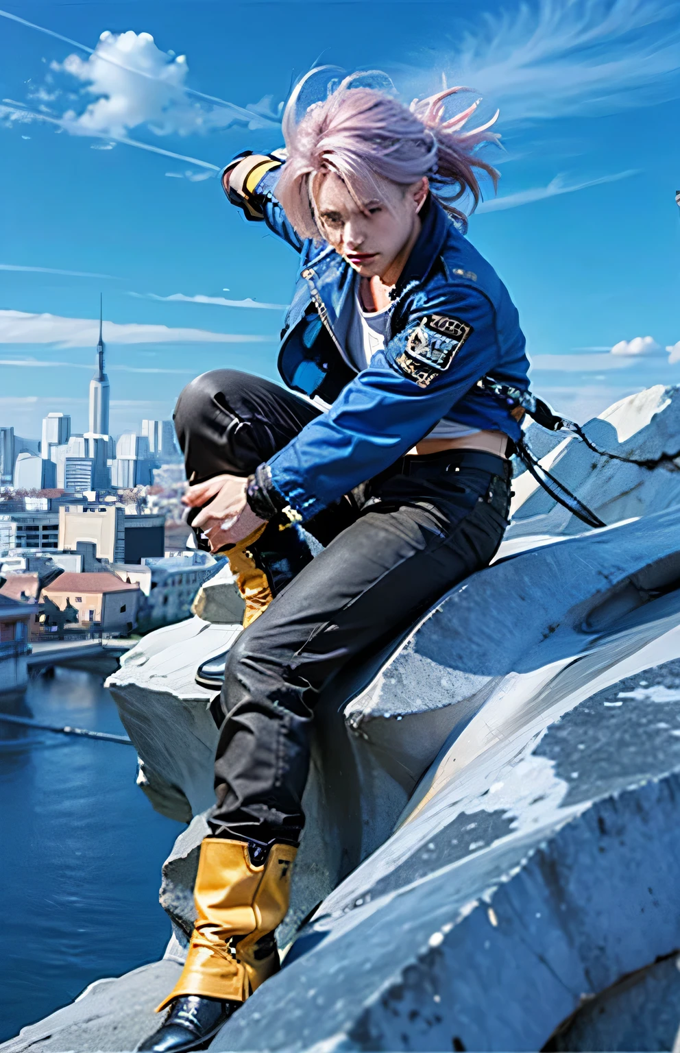 boy, manly face, blue eyes, light purple hair, blue jean jacket, black t-shirt inside, loose black pants, leather boots, bring a big sword behind his back. he sits on a big stone. background is a city with white tone
