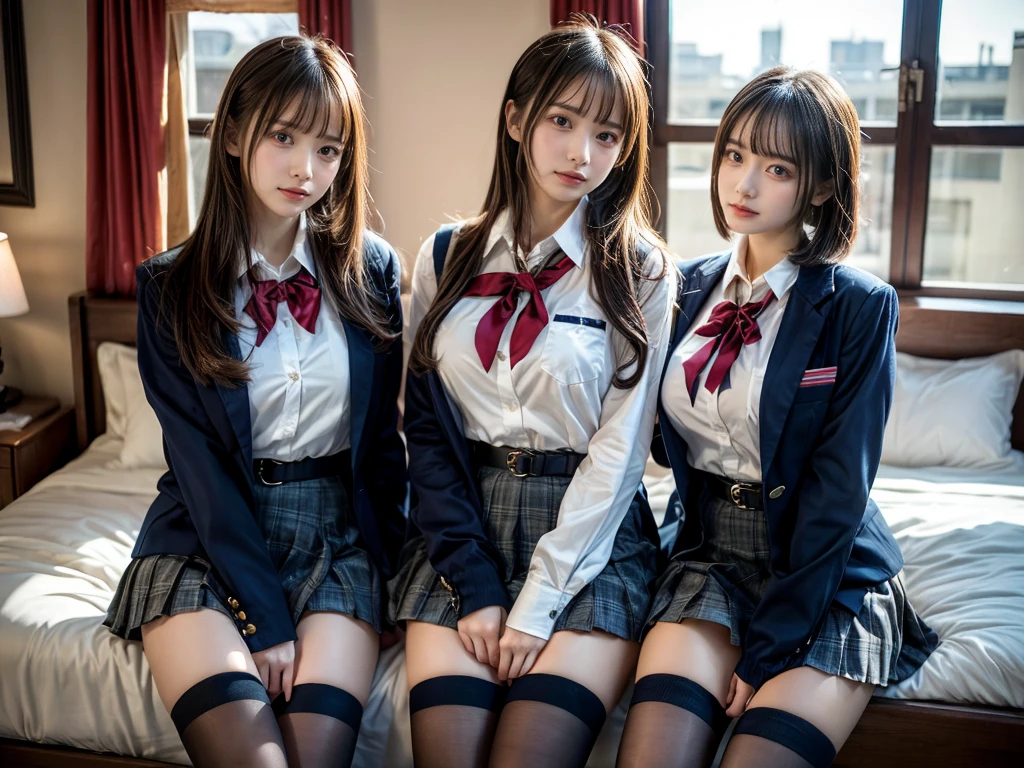 (8K, Raw photography, top-quality, ​masterpiece:1.2), master piece, best quality, illustration, Super detailed, fine details, High resolution, 8K,wall paper, perfect dynamic composition,(Details High quality, realistic depiction of eyes:1.3), ((2 girls, 2 schoolgirls)), The background is a luxury hotel room、High school girl uniform、blazer 、Super Short Check Uniform Skirt、Navy blue high socks、garterbelts、Colossal tits、Disturbed uniform, Play with each other,Touching each other's bodies,Touching the body of the girl next door, short bob hair, black hair color, huge breasts, Big Natural Color Lip, bold sexy pose, (perfect body shape), crying a little、cold gaze,  Beautiful makeup,glitter makeup,Cutest 18 years old, beautiful legs, hposing Gravure Idol, Voluptuous thighs