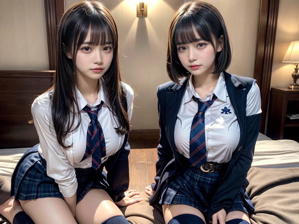 (8K, Raw photography, top-quality, masterpiece:1.2), master piece, best quality, illustration, Super detailed, fine details, High resolution, 8K,wall paper, perfect dynamic composition,(Details High quality, realistic depiction of eyes:1.3), ((2 girls, 2 schoolgirls)), The background is a luxury hotel room、High school girl uniform、blazer 、Super Short Check Uniform Skirt、Navy blue high socks、garterbelts、Colossal tits、Disturbed uniform, Play with each other,Touching each other's bodies,Touching the body of the girl next door, short bob hair, black hair color, huge breasts, Big Natural Color Lip, bold sexy pose, (perfect body shape), crying a little、cold gaze, Beautiful makeup,glitter makeup,Cutest 18 years old, beautiful legs, hposing Gravure Idol, Voluptuous thighs