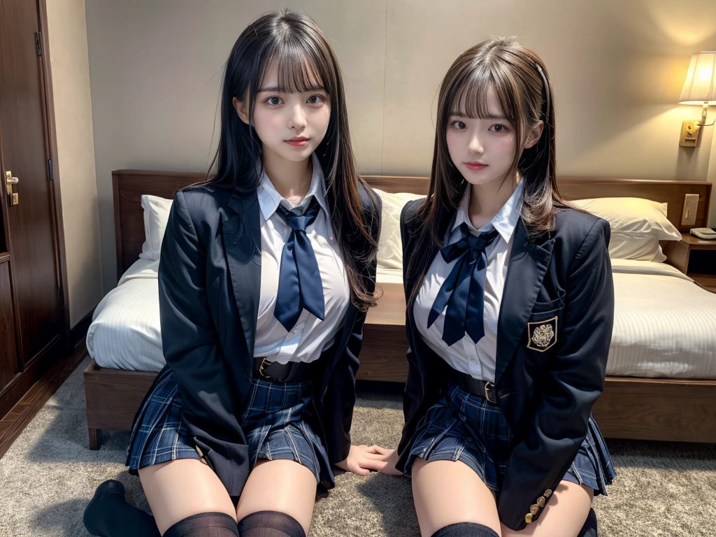 (8K, Raw photography, top-quality, masterpiece:1.2), master piece, best quality, illustration, Super detailed, fine details, High resolution, 8K,wall paper, perfect dynamic composition,(Details High quality, realistic depiction of eyes:1.3), ((2 girls, 2 schoolgirls)), The background is a luxury hotel room、High school girl uniform、blazer 、Super Short Check Uniform Skirt、Navy blue high socks、garterbelts、Colossal tits、Disturbed uniform, Play with each other,Touching each other's bodies,Touching the body of the girl next door, short bob hair, black hair color, huge breasts, Big Natural Color Lip, bold sexy pose, (perfect body shape), crying a little、cold gaze, Beautiful makeup,glitter makeup,Cutest 18 years old, beautiful legs, hposing Gravure Idol, Voluptuous thighs