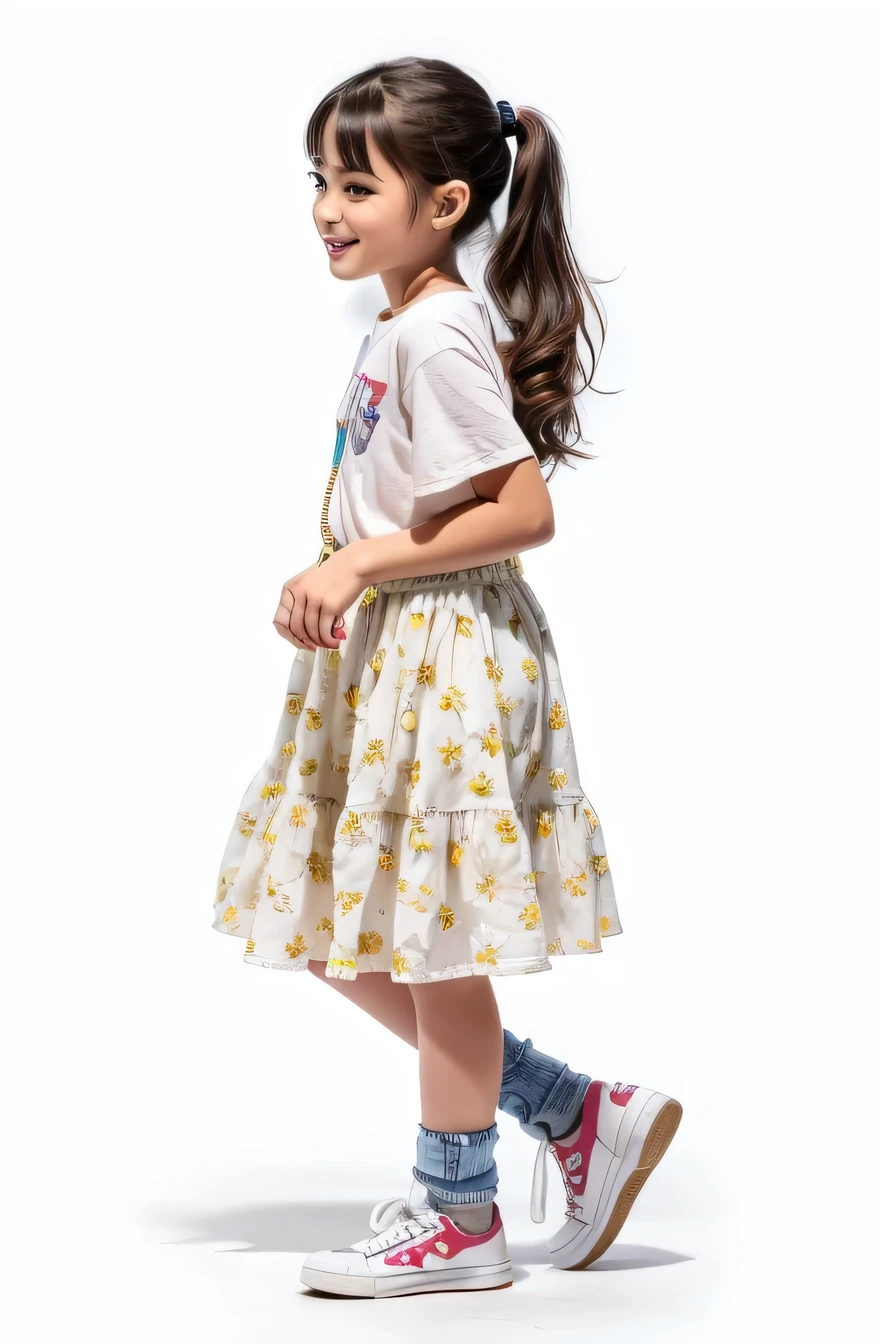 A man wearing jeans and a fedora is walking with a skateboard against a white background, (12Year old girl:1.66) ,(girl)Black Hair,(Double knit chest:1.37),(smile:1.37), (White sneakers),(Light floral skirt:1.37),(Long skirt:1.37)Fager walking, Full body cute young woman, Side view of her taking a step, Standing girl, Cute girl's, Go right, Full body image, Looking into the camera