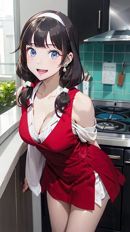 a girl 18yo old,(dynamic angle:1.3, breast focus:1.0, from above:1.1), (dynamic posing:1.2, sexy posing:1.3, leaning forward), (seductive smiling:1.3),masterpiece, (pointed chest:1.3),(double breasted:1.2,under bust:1.2), Amazing Cleavage:1.3, thin waist, Raised sexy, small breast: 1.2 posed cleavage:1.2, open mouth, have a grass of beergrass,black hair, blue eyes, bare shoulders, jewelry, collarbone, sidelocks, hairband, earrings, indoors, red dress,off shoulder sweater dress, arms behind back, short hair with long locks, white hairband, big side hair, very long side hair is rendered in (masterpiece: 1.2, best quality), with (ultra high resolution) and an exquisite (depth of field). This masterpiece is not only visually stunning but also tells,A scene of cooking in the kitchen, looking at viewer,