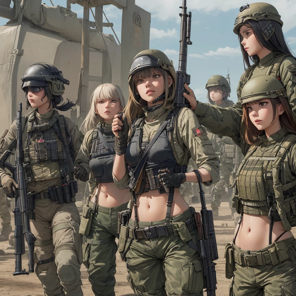 (A group of Womens in crop top military bulletproof vest) , military green cargo pants, belt, military helmet, tactical, (open navel), ((((aiming an m16)))), ((everyone showing navel))