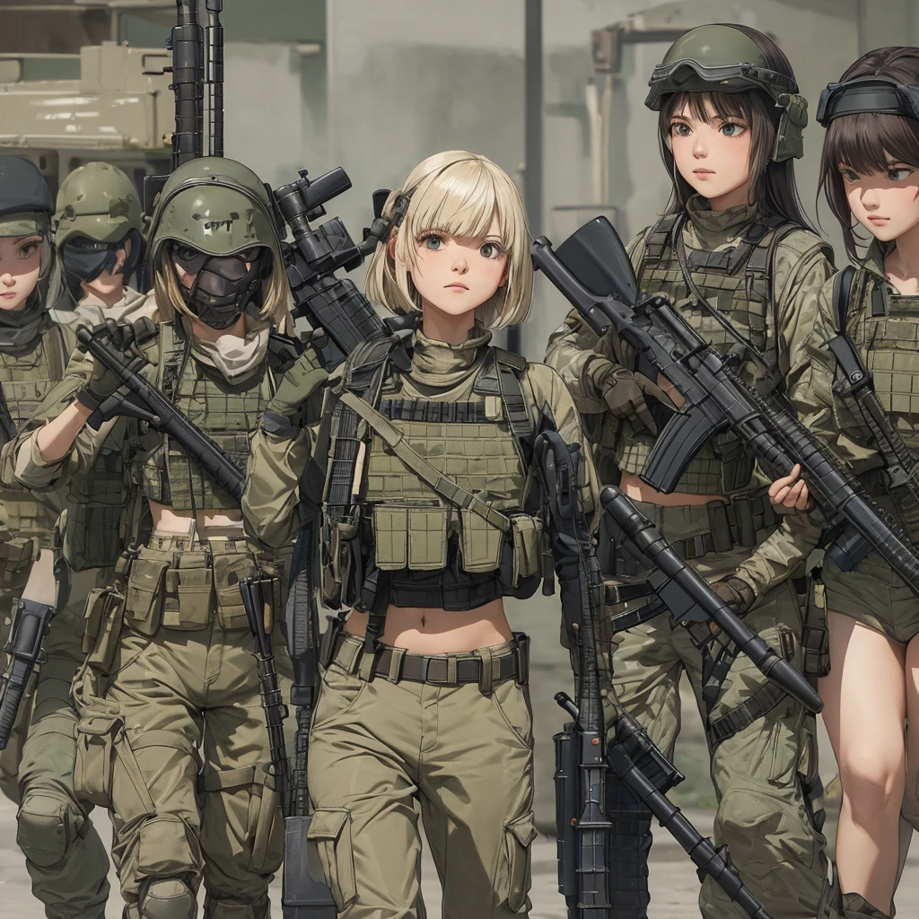 (A group of Womens in crop top military bulletproof vest) , military green cargo pants, belt, military helmet, tactical, (open navel), ((((aiming an m16)))), ((everyone showing navel))
