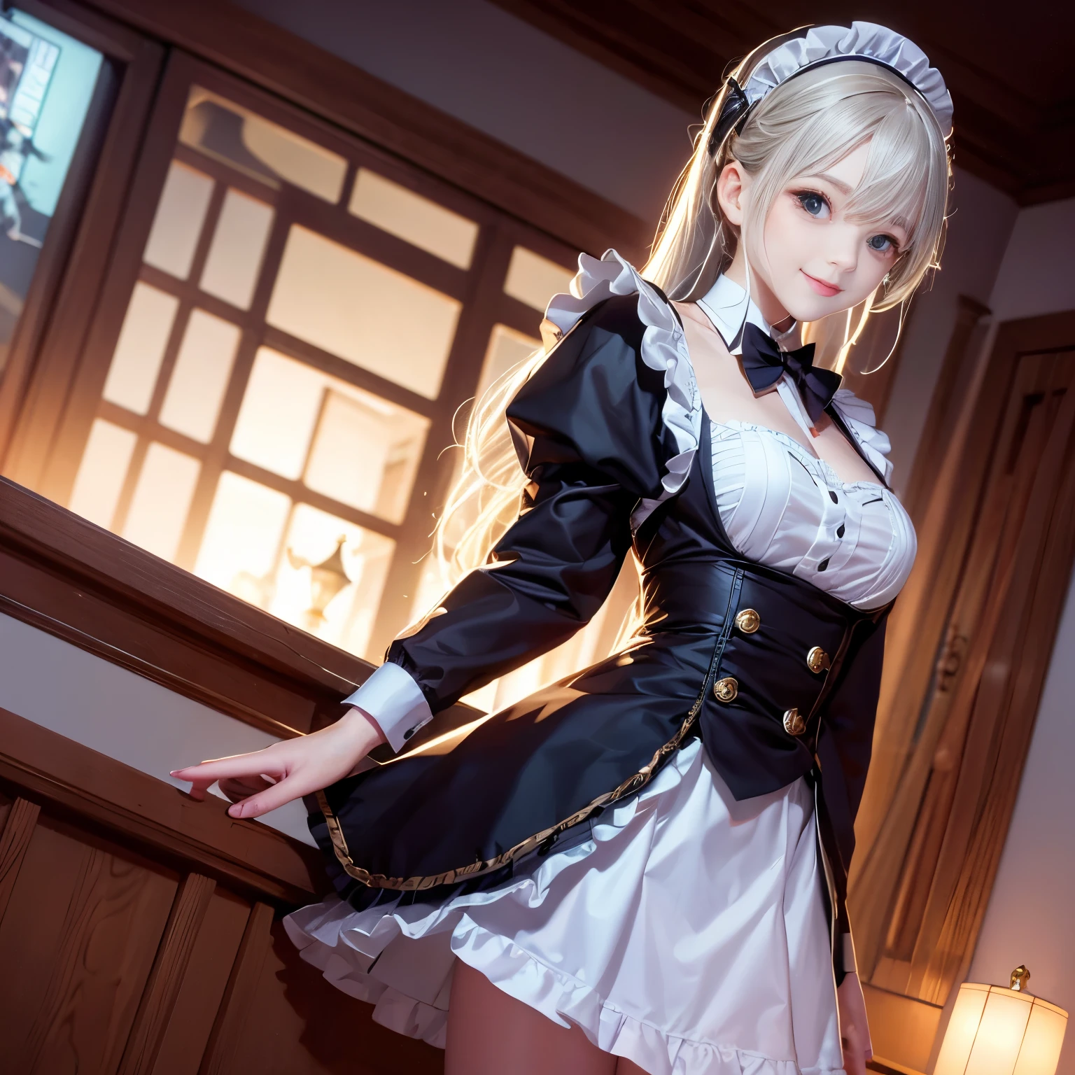 8K quality、High definition、Particles of light（0.5）、High definitionの瞳、Sexy blonde maid、slender、Ripe body、Soft Breasts、Off-the-shoulder maid outfit、Red lipstick、、The hem of the skirt is twisted、Realistic female genitalia、Black blouse with white apron、Shooting from behind