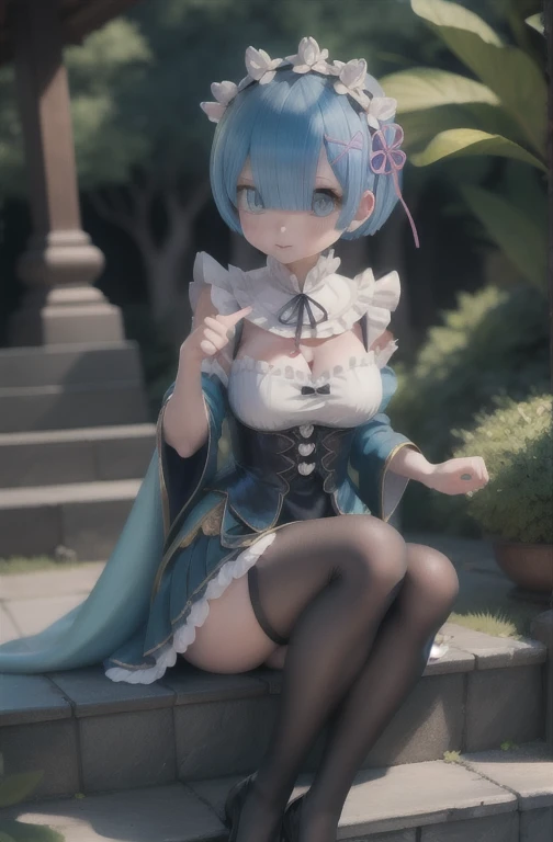 Rem /(Re:zero)/ ,anime girl sitting on steps , short light blue hair , blue eyes, girl fanart, in an anime style, in anime style, artwork in the style of guweiz, anime moe artstyle, modern anime style, anime style illustration, anime style only, anime artstyle, anime style, anime style character, anime style. 8k, anime style art, anime style 4 k