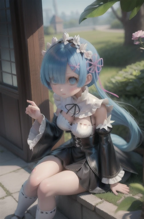 Rem /(Re:zero)/ ,anime girl sitting on steps , short light blue hair , blue eyes, girl fanart, in an anime style, in anime style, artwork in the style of guweiz, anime moe artstyle, modern anime style, anime style illustration, anime style only, anime artstyle, anime style, anime style character, anime style. 8k, anime style art, anime style 4 k