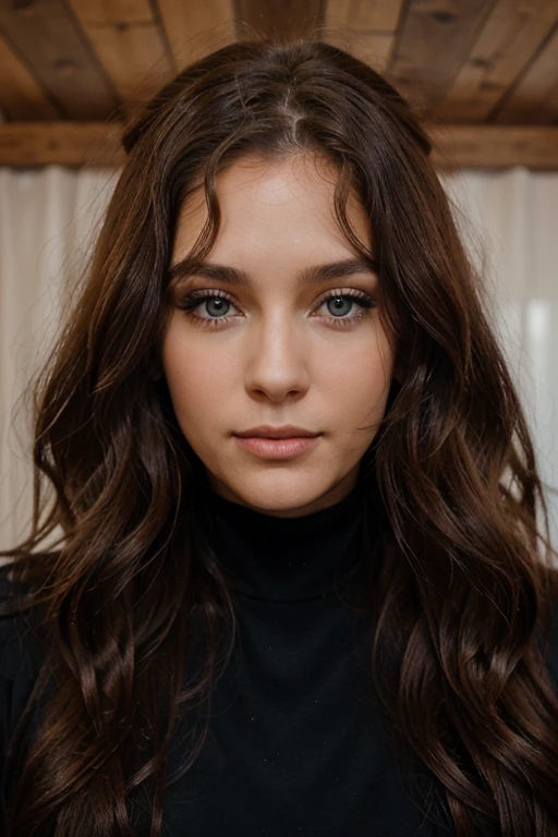 femme de 29 ans, long brown slightly curly hair, Russe, yeux bleus, visage parfait, maquillage professionnel , portant un haut noir, Horse ride