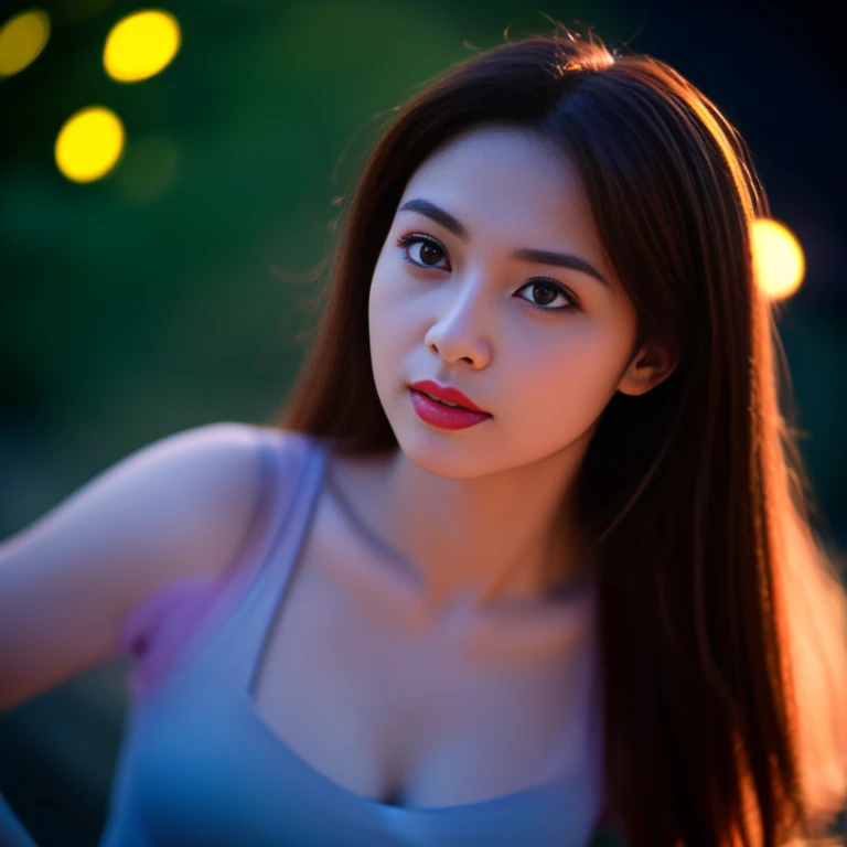 8K images, Shot with a high quality Fuji 45 camera.,000,000 pixels raw photo, best quality, Masterpiece:1.2), (realistic, photo-realistic:1.37), very detailed,1 woman,cute, Action in various poses, alone, outdoor warm light,) night sky warm light,) wide aperture, professional lighting, Sony A7R4, 50mm sessile lens. 2 medium sized breasts,Beautifully detailed eyes,(Dark pink t-shirt,) Long, flowing hair blows up.:1.2) realistic light colors,