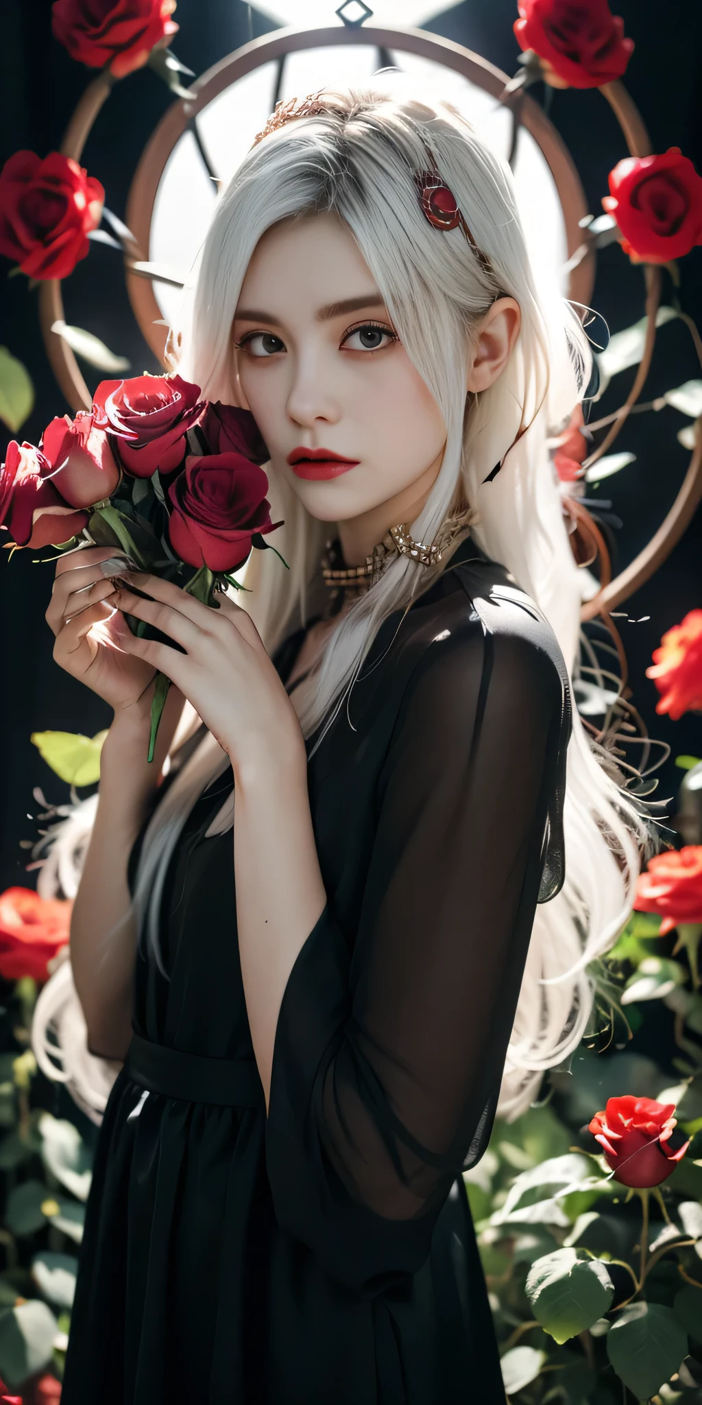 (best quality, masterpiece), (1girl, solo, black dress, standing , looking at viewer, white hair, red eyes, holding rose, closed mouth, upper body), (red dreamcatcher behind, red flower, )