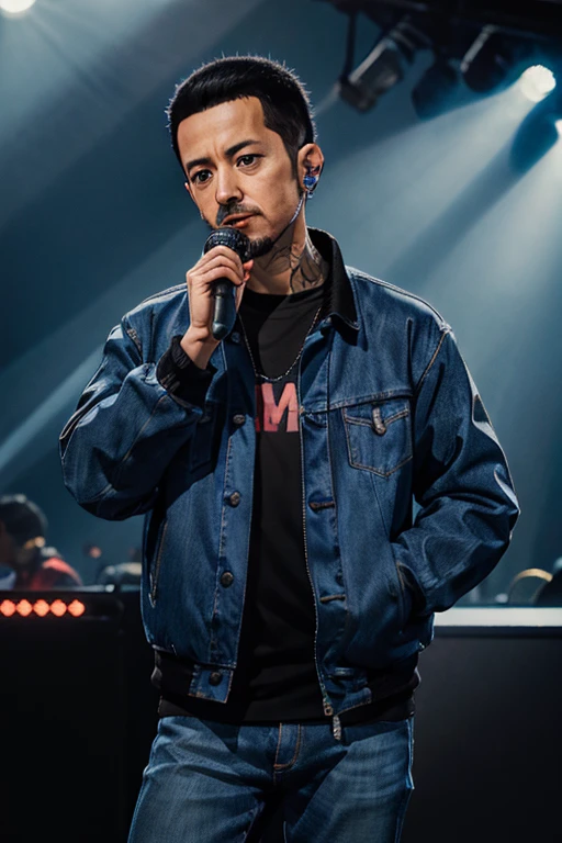 Mike Shindo from Linkin Park, wearing a jeans jaket, in the stage,close up, looking at camera, cinematic, sharp lense, professional photographie, 70mm lense, soft light, colorful background, 4k