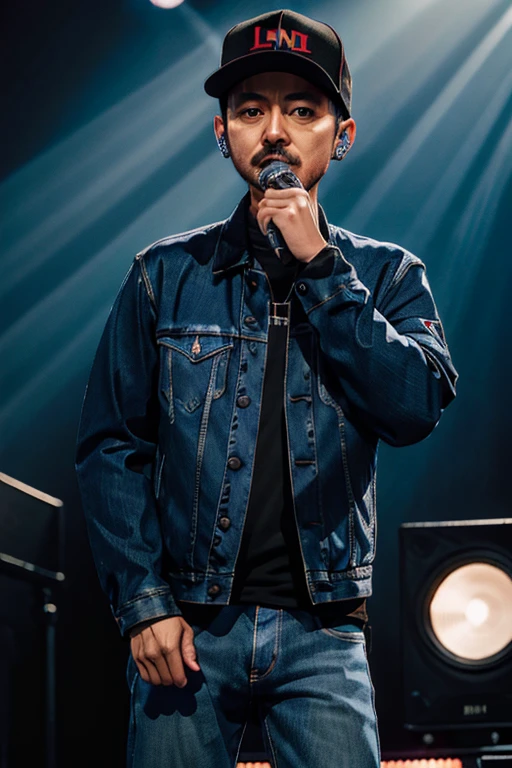 Mike Shindo from Linkin Park, wearing a jeans jaket, in the stage,close up, looking at camera, cinematic, sharp lense, professional photographie, 70mm lense, soft light, colorful background, 4k