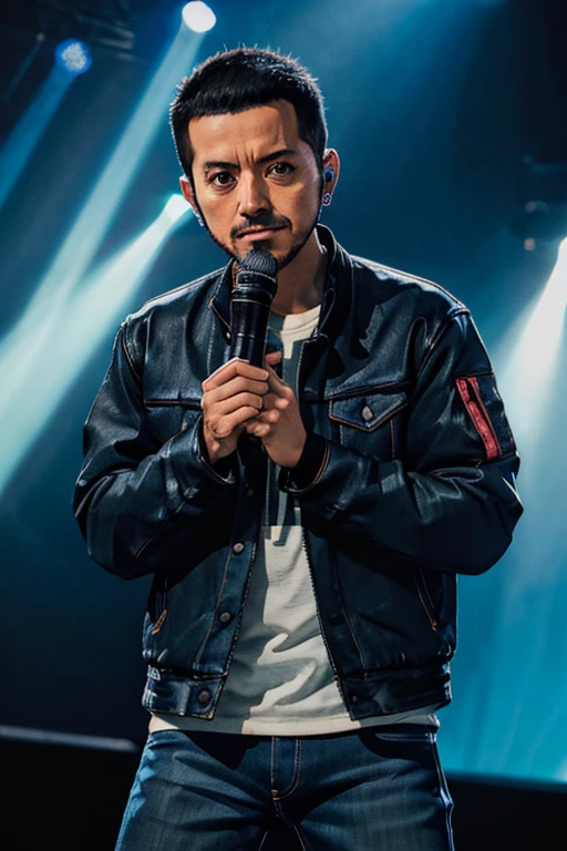 Mike Shindo from Linkin Park, wearing a jeans jaket, in the stage,close up, looking at camera, cinematic, sharp lense, professional photographie, 70mm lense, soft light, colorful background, 4k