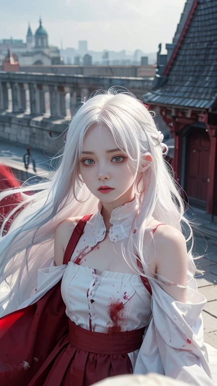 cute_girl,Little Ghost,Fair_skin,,Oval face,Light_blush,Red Eyes,demon_wing,lol,(white hair), long red hair, Red Eyes, (whole body), angry face, (Beautiful and delicate eyes), Blood Drop,Blood Mist, Flowing hair, disheveled hair, Splashing blood,(Blood),Stand on the city wall