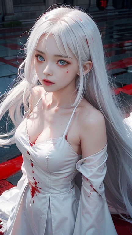 cute_girl,Little Ghost,Fair_skin,,Oval face,Light_blush,Red Eyes,demon_wing,lol,(white hair), long red hair, Red Eyes, (whole body), angry face, (Beautiful and delicate eyes), Blood Drop,Blood Mist, Flowing hair, disheveled hair, Splashing blood,(Blood),Stand on the city wall