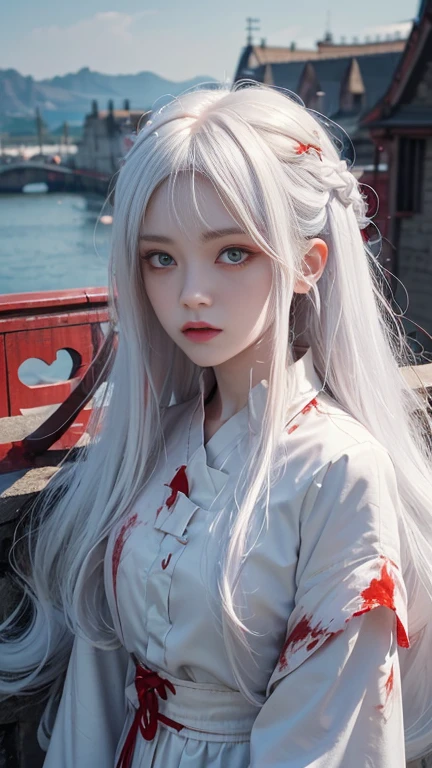 cute_girl,Little Ghost,Fair_skin,,Oval face,Light_blush,Red Eyes,demon_wing,lol,(white hair), long red hair, Red Eyes, (whole body), angry face, (Beautiful and delicate eyes), Blood Drop,Blood Mist, Flowing hair, disheveled hair, Splashing blood,(Blood),Stand on the city wall