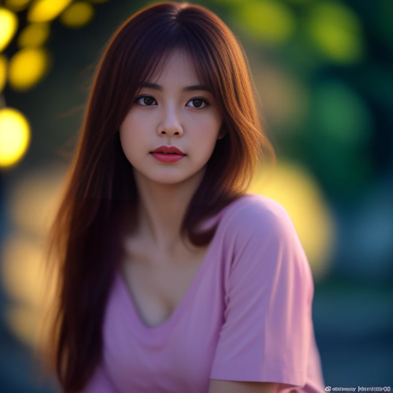 8K images, Shot with a high quality Fuji 45 camera.,000,000 pixels raw photo, best quality, Masterpiece:1.2), (realistic, photo-realistic:1.37), very detailed,1 woman,cute, Action in various poses, alone, outdoor warm light,) night sky warm light,) wide aperture, professional lighting, Sony A7R4, 50mm sessile lens. 2 medium sized breasts,Beautifully detailed eyes,(Dark pink t-shirt,) Long, flowing hair blows up.:1.2) realistic light colors,