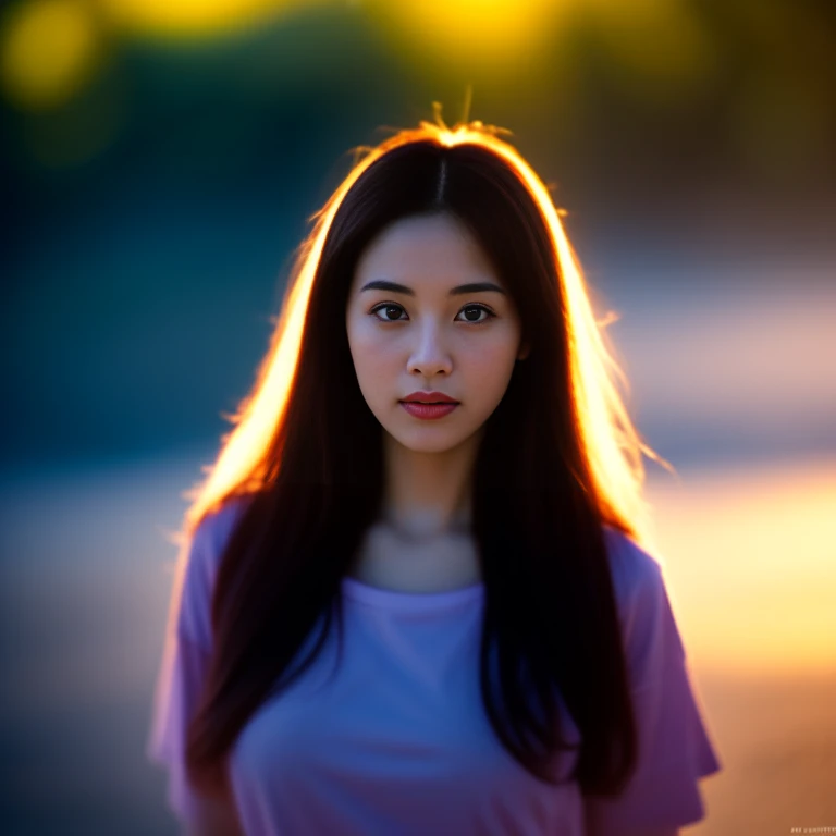 8K images, Shot with a high quality Fuji 45 camera.,000,000 pixels raw photo, best quality, Masterpiece:1.2), (realistic, photo-realistic:1.37), very detailed,1 woman,cute, Action in various poses, alone, outdoor warm light,) night sky warm light,) wide aperture, professional lighting, Sony A7R4, 50mm sessile lens. 2 medium sized breasts,Beautifully detailed eyes,(Dark pink t-shirt,) Long, flowing hair blows up.:1.2) realistic light colors,