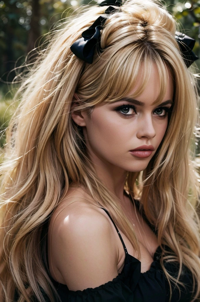 Detailed Photo of 1 bbardot woman with dark eye makeup and a black bow on her head, detailed face, Beautiful, Perfect Eyes, (highly detailed skin:1.1), perfect body, wearing a swing dress, Professional Photography, Soft Lighting, Photorealistic, Realistic, ((Fog:1.2)), ((in a Forest background)), blurred background, volumetric fog, God Rays, Bokeh, RAW, analog style, sharp focus, 8k, high res, DSLR, high quality, Fujifilm XT3, film grain, award winning, stunning