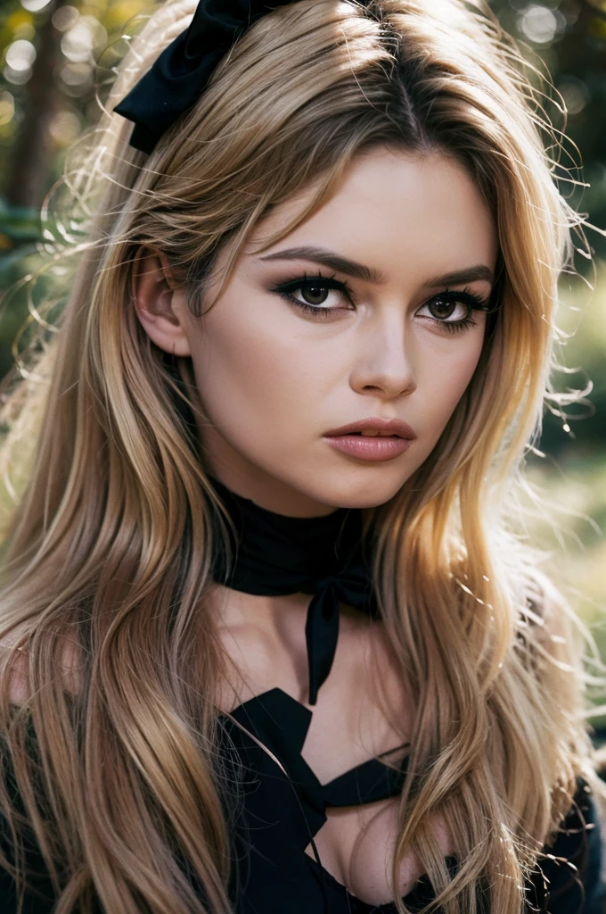 Detailed Photo of 1 bbardot woman with dark eye makeup and a black bow on her head, detailed face, Beautiful, Perfect Eyes, (highly detailed skin:1.1), perfect body, wearing a swing dress, Professional Photography, Soft Lighting, Photorealistic, Realistic, ((Fog:1.2)), ((in a Forest background)), blurred background, volumetric fog, God Rays, Bokeh, RAW, analog style, sharp focus, 8k, high res, DSLR, high quality, Fujifilm XT3, film grain, award winning, stunning